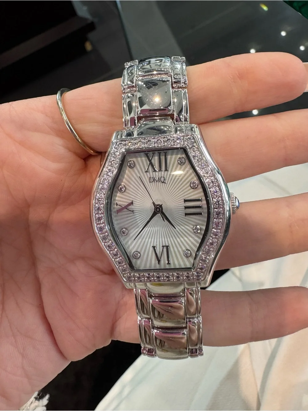 DMQ  Tonneau Watch – Silver Tone Crystal Bezel, Sunburst Dial, Roman Numerals